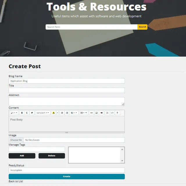 Developer Blog create post page
