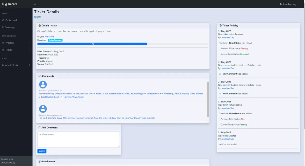 Bug Tracker ticket details, with comments and activity history