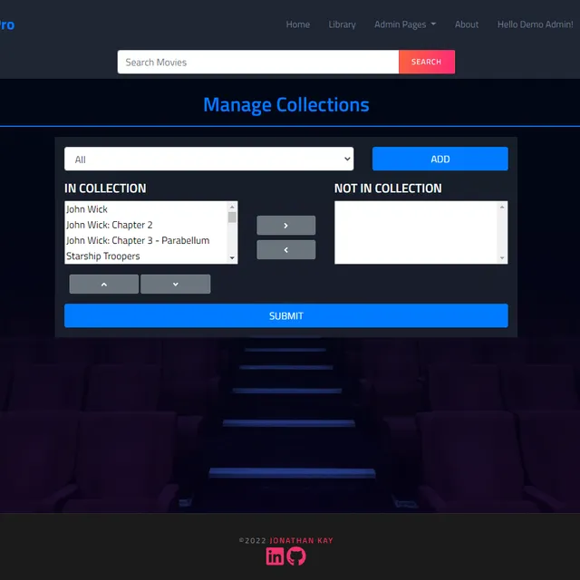 Movie Pro admin page for managing collections